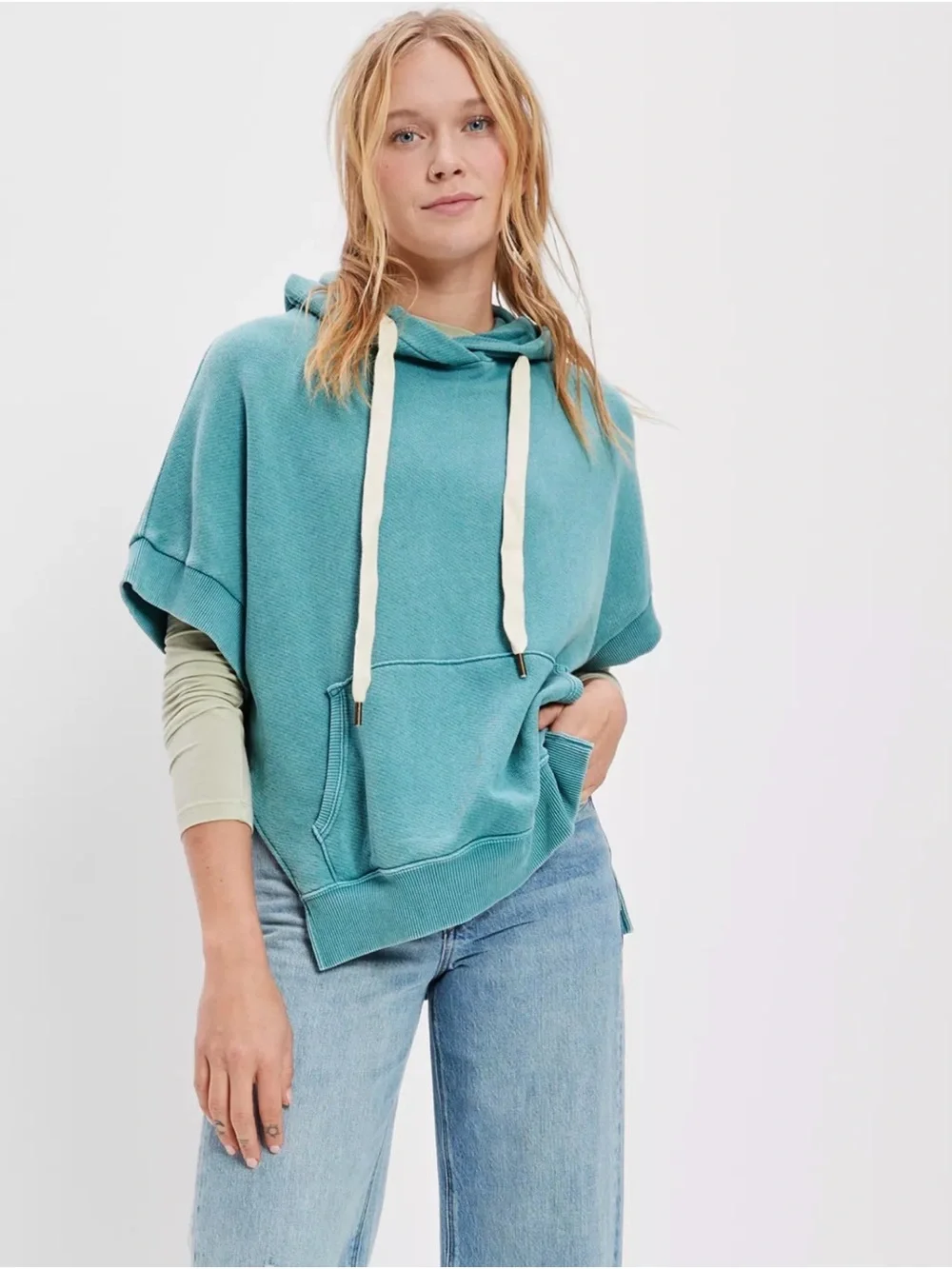 American Eagle Teal Embroidered Logo Short-Sleeve Hoodie